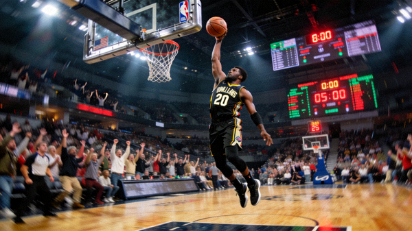 NBA篮球比赛现场，球员上篮得分画面
